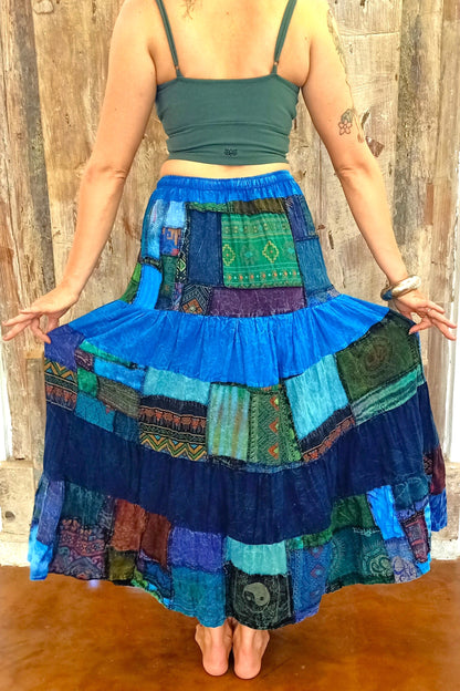 Blue Patchwork Maxi Skirt