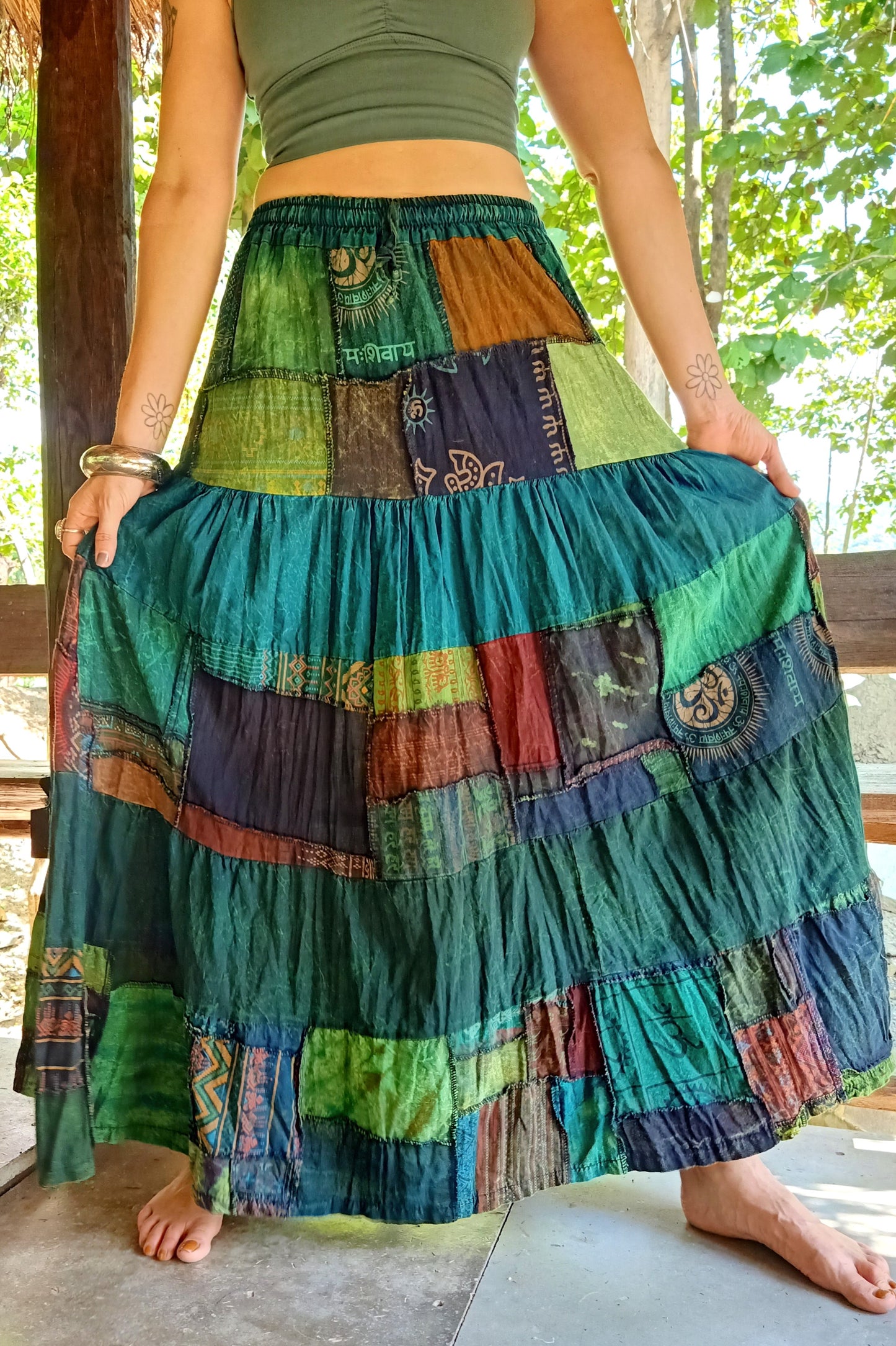 Green Patchwork Maxi Skirt