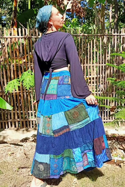 Blue Patchwork Maxi Skirt