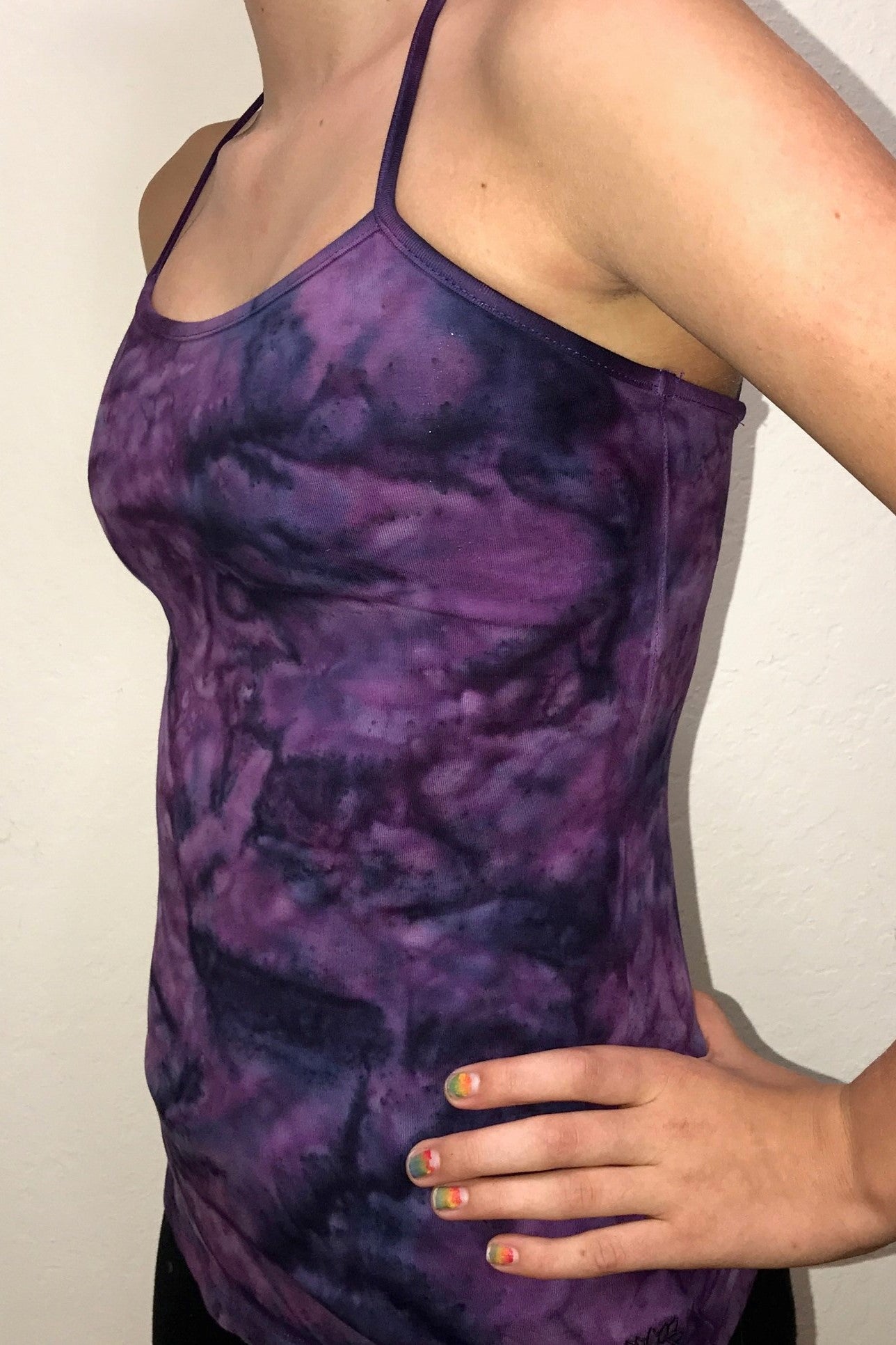 Side view of Purple Haze Tie Dye Shanti Tank Top by Lotus Tribe Clothing with built in bra and stunning back strap design. Cute enough for everyday wear, but functional enough for yoga class or the gym. Super soft, high quality, 90% cotton knit with 10% spandex for just enough stretch. 