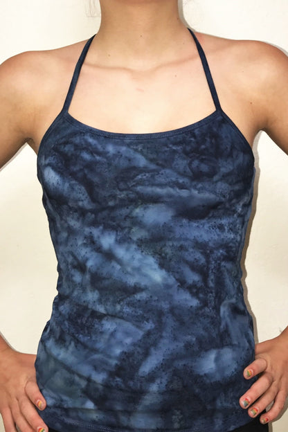 Blue Dream Tie Dye Shanti Tank Top by Lotus Tribe Clothing with built in bra and stunning back strap design. Cute enough for everyday wear, but functional enough for yoga class or the gym. Super soft, high quality, 90% cotton knit with 10% spandex for just enough stretch. 