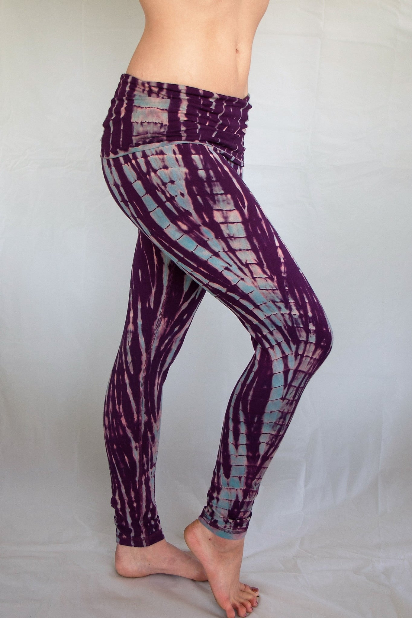 Amethyst Tie Dye, purple with lavender highlights long length yoga pant with fold over waist for customized fit. Purple with lavender highlights.  