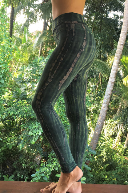 Gorgeous green tie dyed pants look like the rainforest. Made of 90% Organic Cotton knit with 10% Spandex to make a high quality super soft Yoga Pant with fold over waist that can be worn high or folded over lower on the hips. 