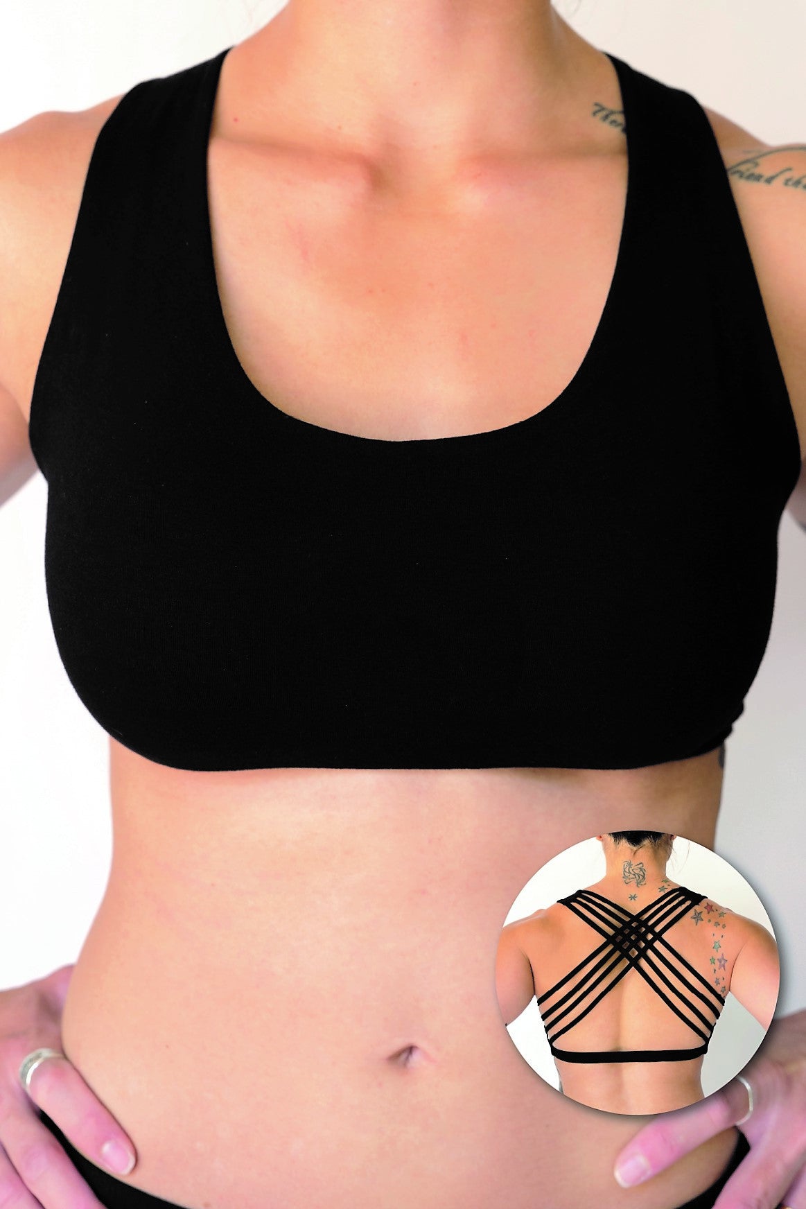 Soft, comfortable and super cute black sports bra with enough support for down dog and other yoga poses with 4 criss cross straps in back 90% cotton 10% spandex