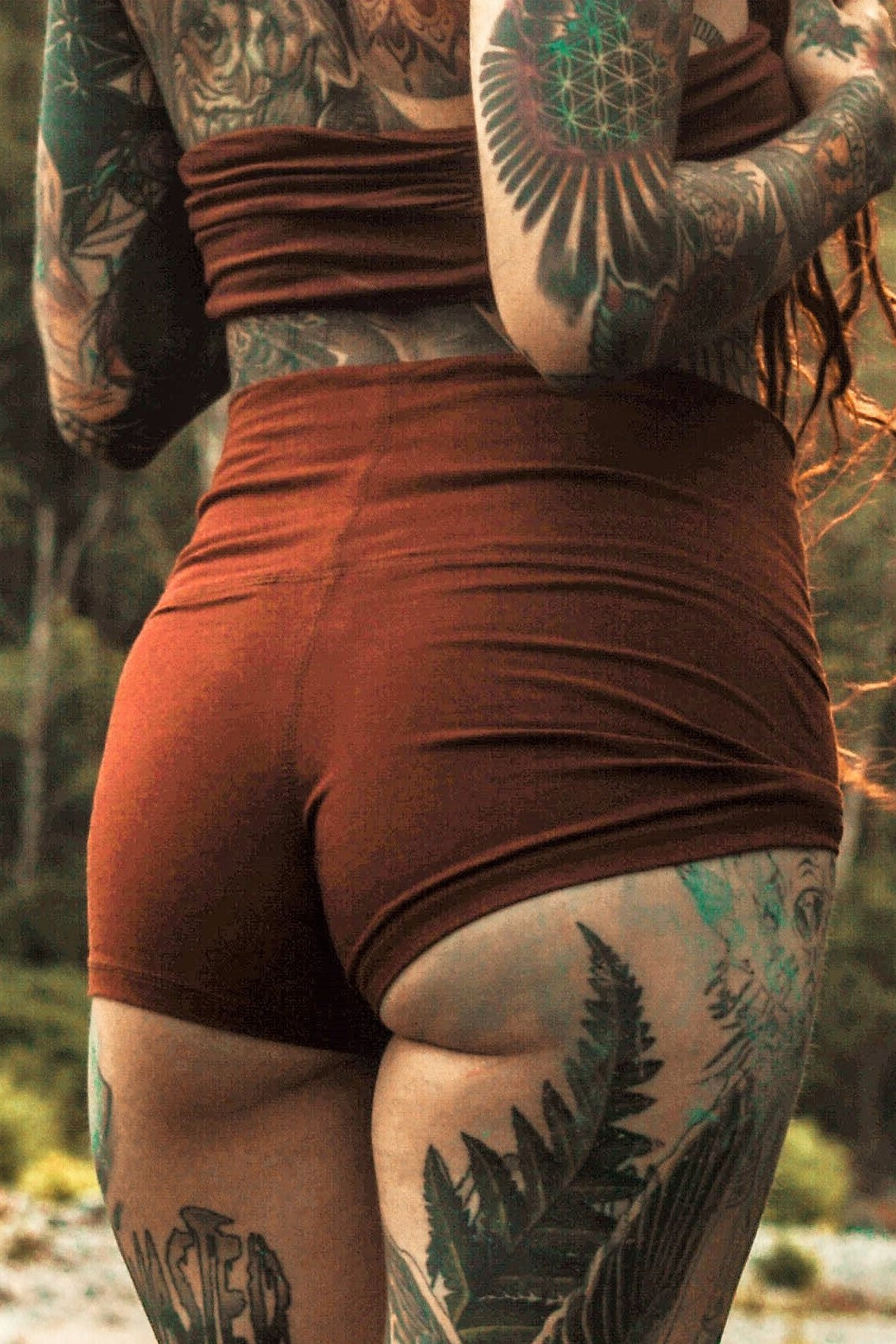 High waist Yoga Shorts in Rust by Lotus Tribe Clothing. Made from 90% cotton with 10% spandex they are super soft booty hugging short shorts.