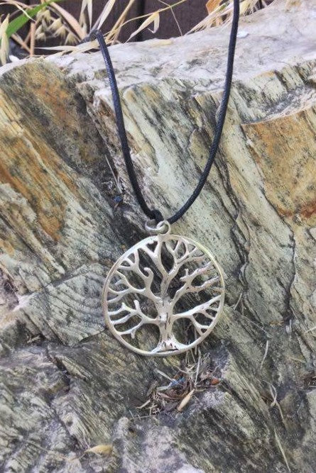 Silver Tree of Life pendant 1.75" diameter (just over 4cm) comes on black waxed cotton cord (vegan friendly).