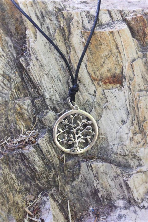 Silver Tree of Life pendant 1.5" diameter (3.5 cm) comes on black waxed cotton cord (vegan friendly).