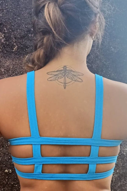 Back view of Sky blue Trinity Bra showing three horizontal straps and stunning pattern. Yoga Bra, Festival Top, Gym Bralette ethically made of natural fiber. 