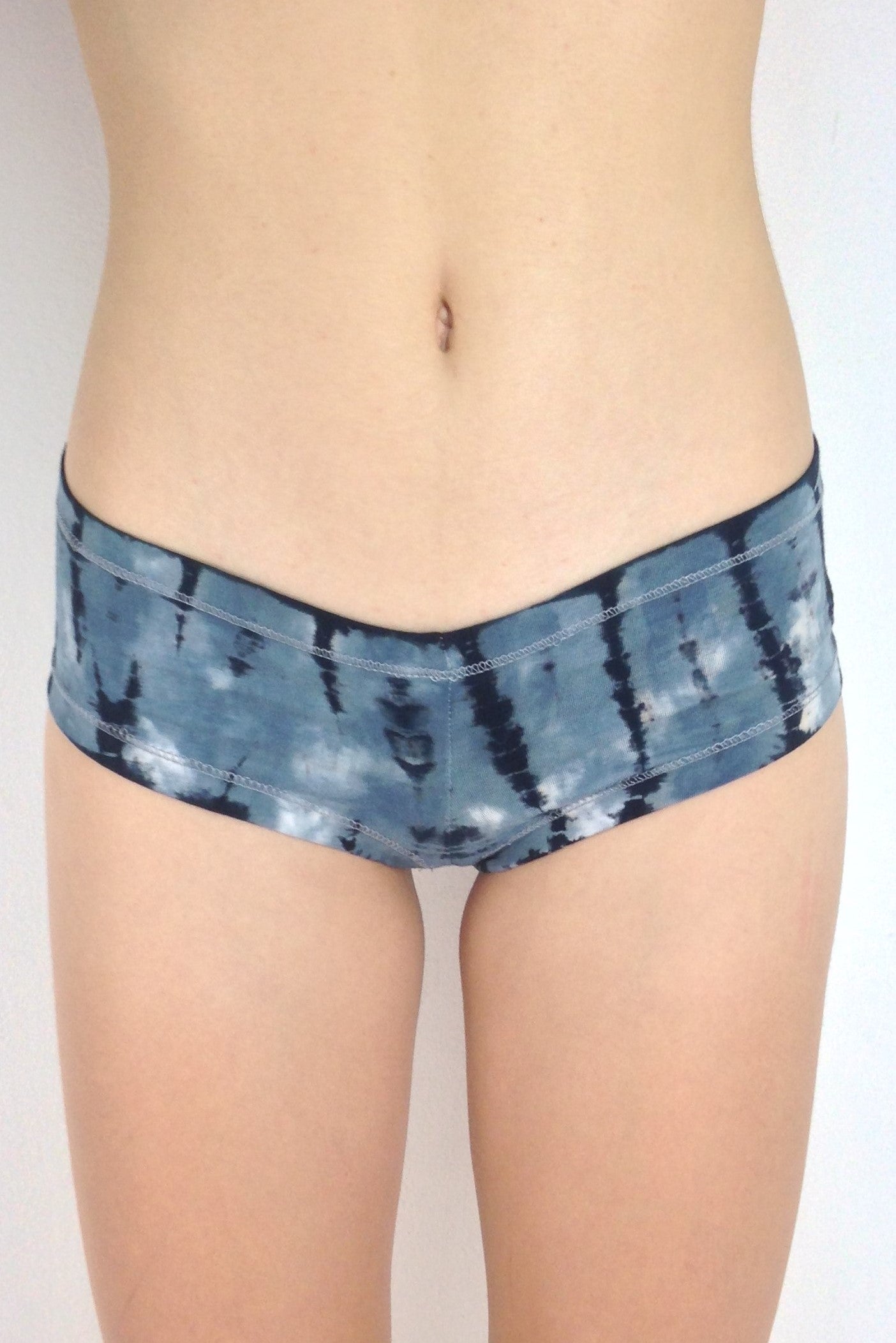 Front view of Sodalite Tie Dye Cheeky Undies, blue grey tie dye with black and white highlights 90% cotton 10% spandex