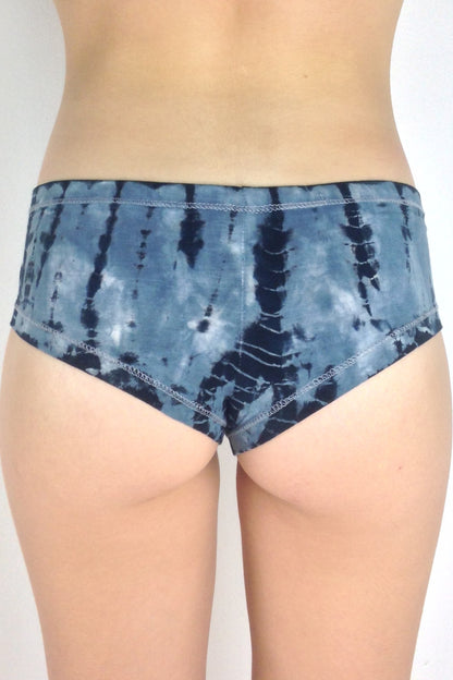 Back view of Sodalite Tie Dye Cheeky Undies, blue grey tie dye with black and white highlights 90% cotton 10% spandex