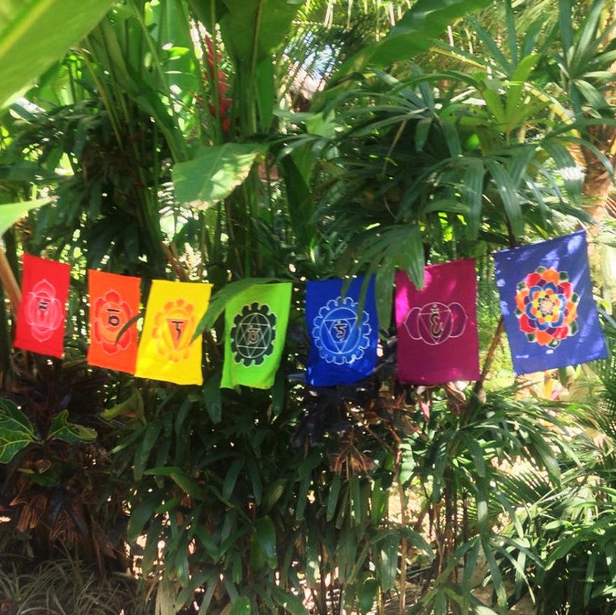 Rainbow flags set has 7 Chakra Flags. Handmade wax and dye batik process on 100% rayon fabric. 