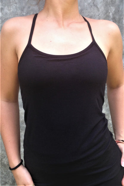 Front view of black Onyx Tank Top with spaghetti straps, beautiful back strap design not shown. 