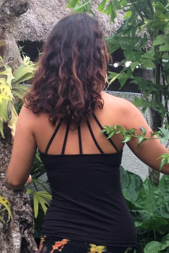 Back view of black Onyx Tank Top with beautiful back strap design.