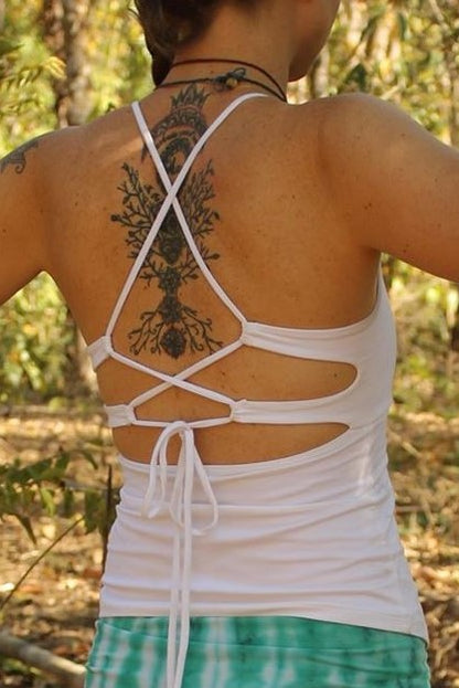 Back view of crisp white tank top with lace up tie back by Lotus Tribe Clothing